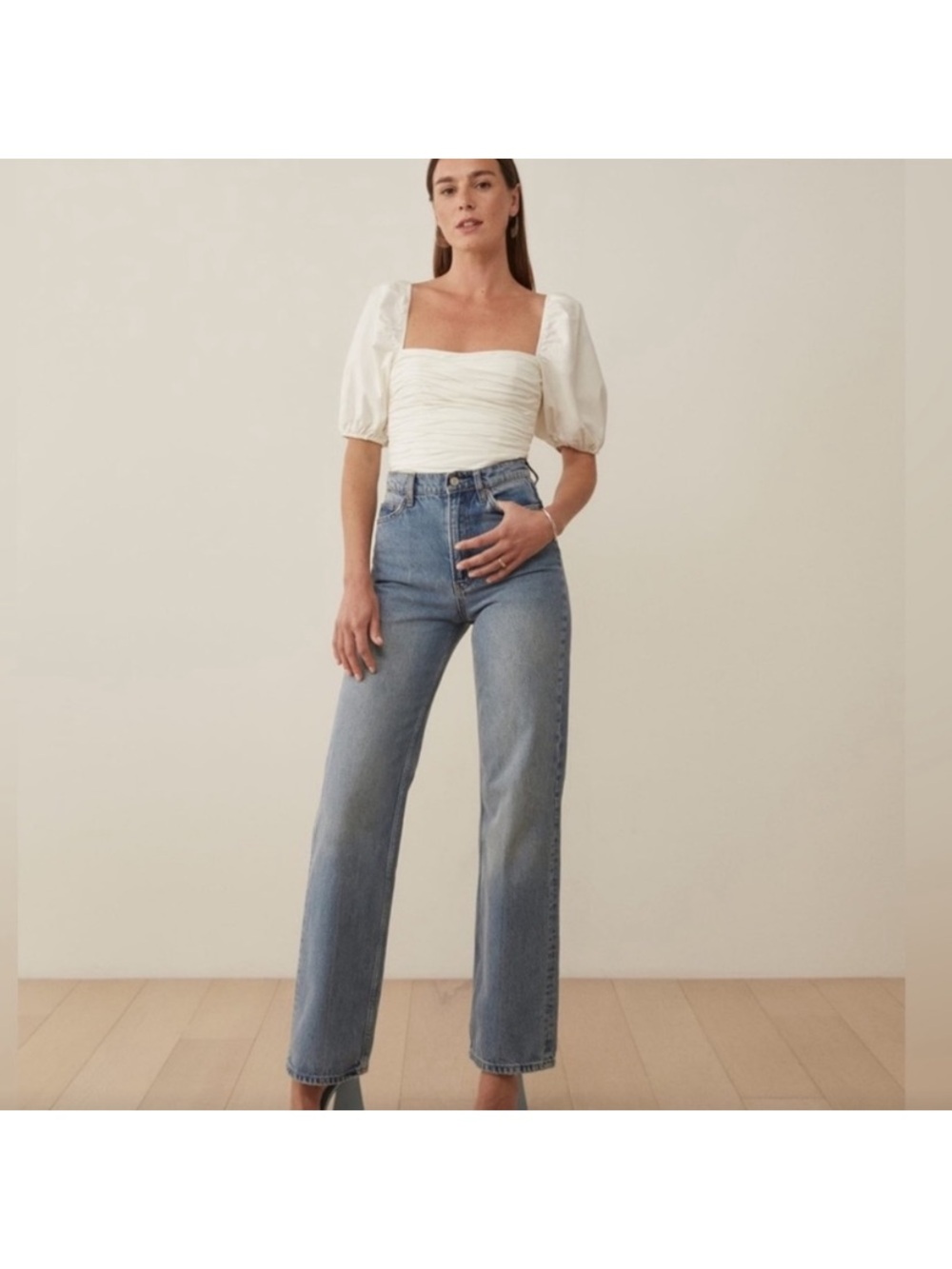 Reformation barry top Women's White Puff Sleeves Smocked Tie Back 8